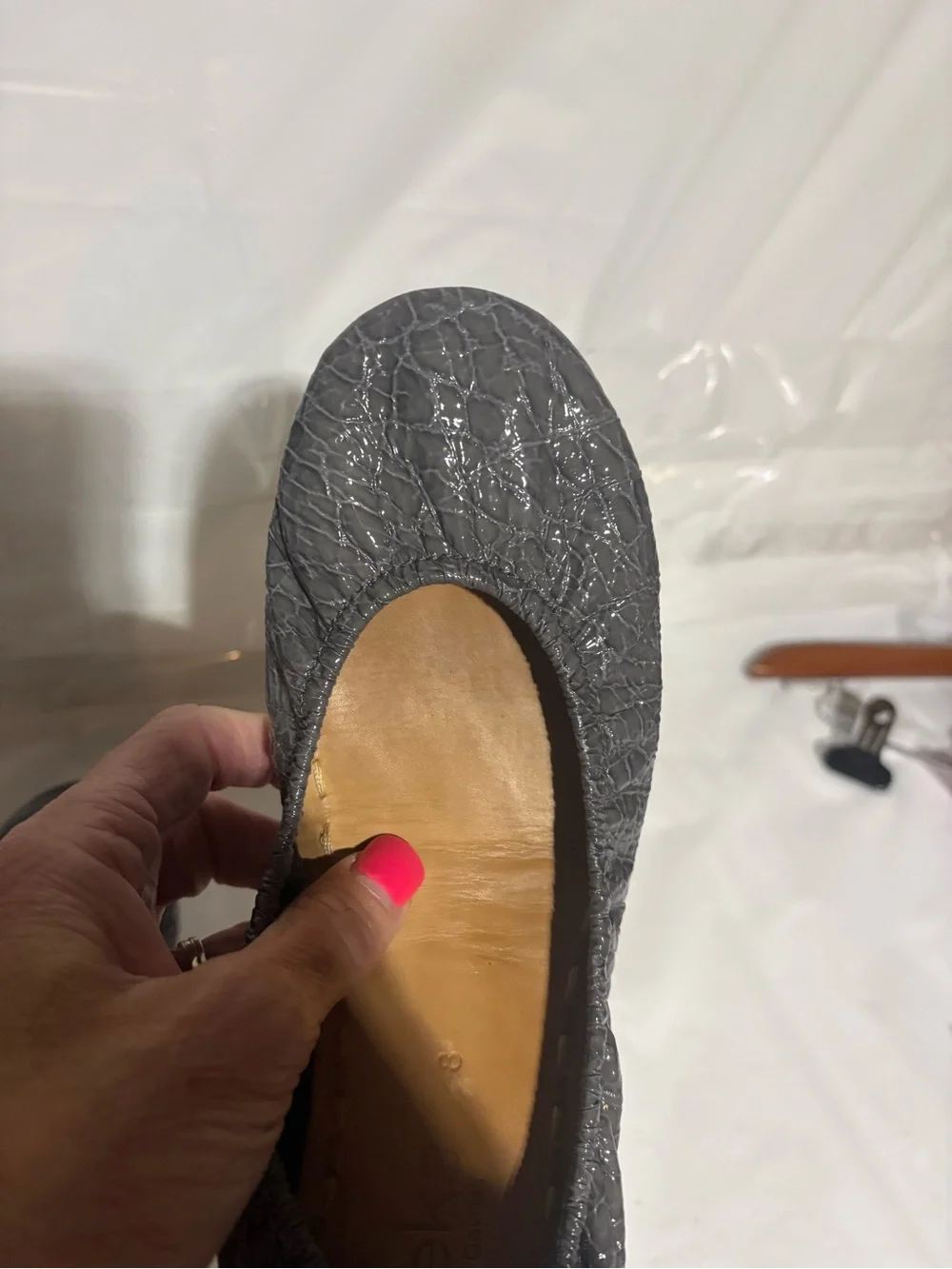 Tieks Gray Croc Patent Ballet Flat with Teal Sole Trim